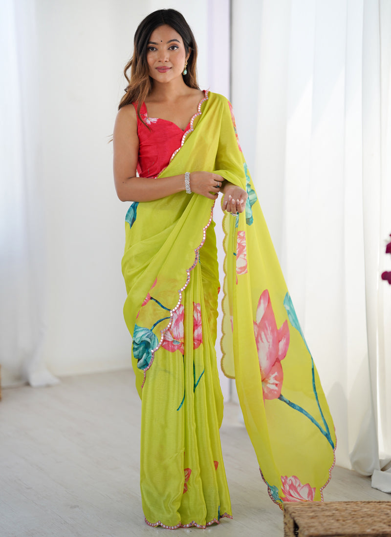 Vegaa Fashion Lemon Yellow Chinon Silk Print Work With Mirror Work Border Designer Saree - Distacart