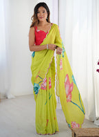 Vegaa Fashion Lemon Yellow Chinon Silk Print Work With Mirror Work Border Designer Saree - Distacart