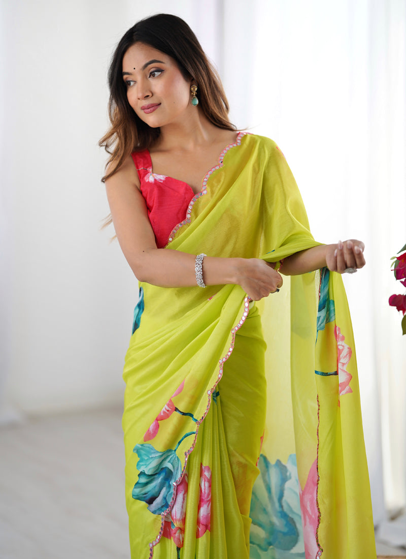 Vegaa Fashion Lemon Yellow Chinon Silk Print Work With Mirror Work Border Designer Saree - Distacart