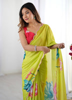 Vegaa Fashion Lemon Yellow Chinon Silk Print Work With Mirror Work Border Designer Saree - Distacart
