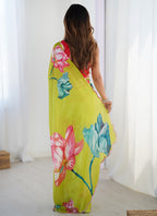 Vegaa Fashion Lemon Yellow Chinon Silk Print Work With Mirror Work Border Designer Saree - Distacart