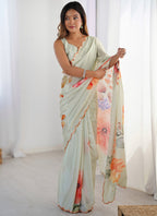 Vegaa Fashion Olive Green Chinon Silk Print Work With Mirror Work Border Designer Saree - Distacart