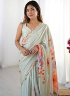 Vegaa Fashion Olive Green Chinon Silk Print Work With Mirror Work Border Designer Saree - Distacart