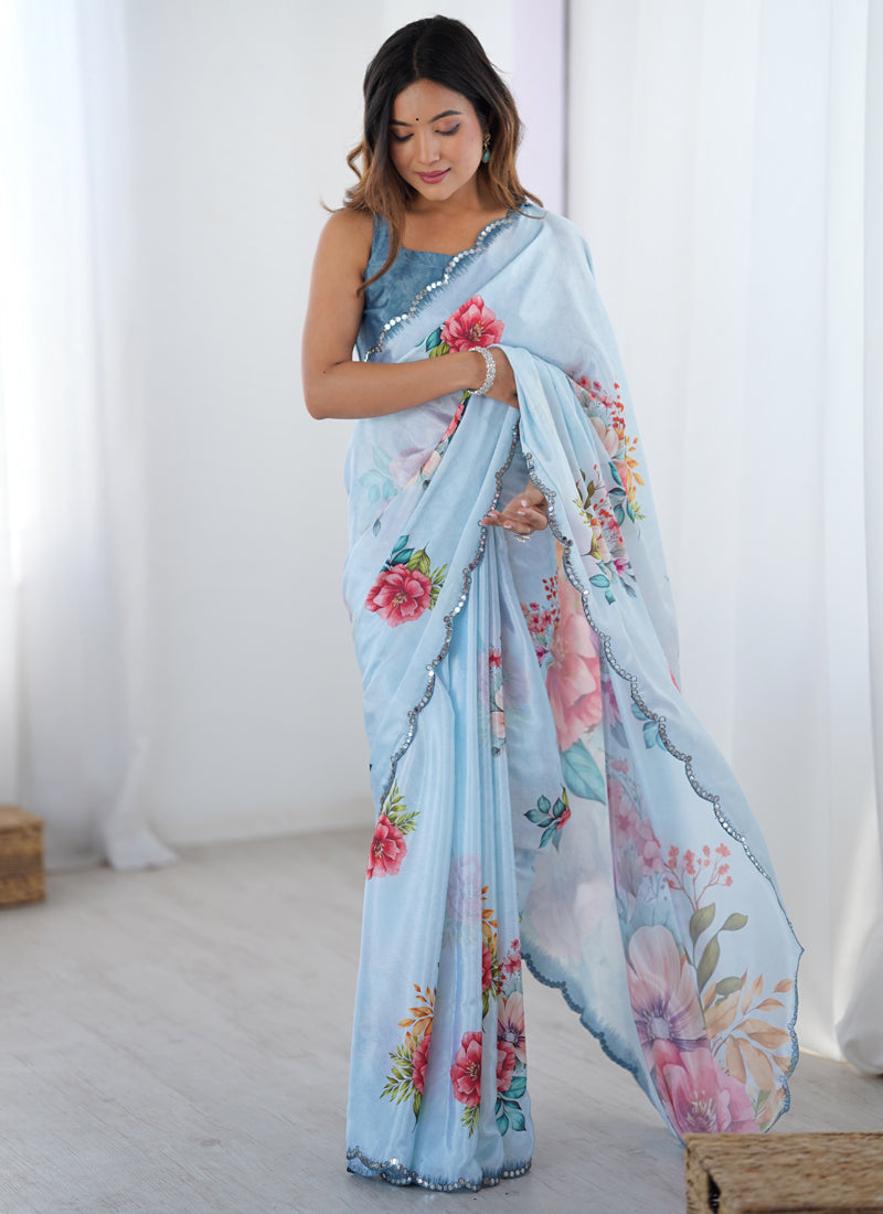 Vegaa Fashion Sky Blue Chinon Silk Print Work With Mirror Work Border Designer Saree - Distacart