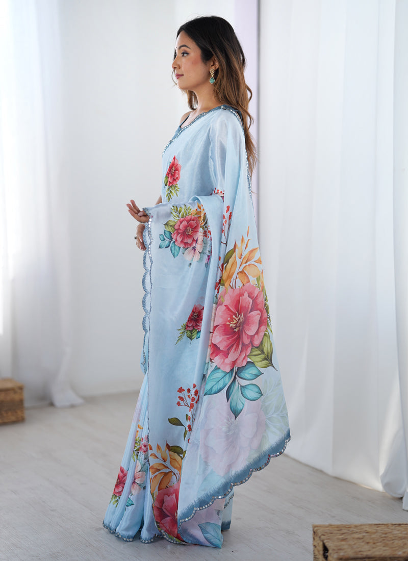 Vegaa Fashion Sky Blue Chinon Silk Print Work With Mirror Work Border Designer Saree - Distacart
