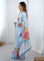 Vegaa Fashion Sky Blue Chinon Silk Print Work With Mirror Work Border Designer Saree - Distacart