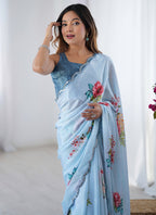 Vegaa Fashion Sky Blue Chinon Silk Print Work With Mirror Work Border Designer Saree - Distacart
