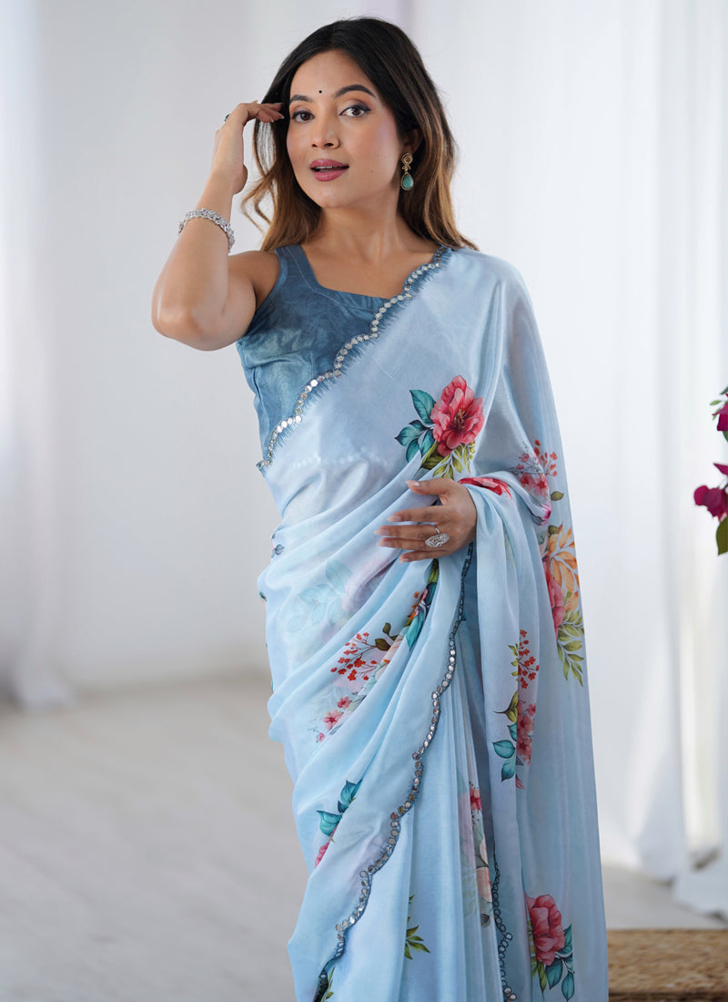 Vegaa Fashion Sky Blue Chinon Silk Print Work With Mirror Work Border Designer Saree - Distacart