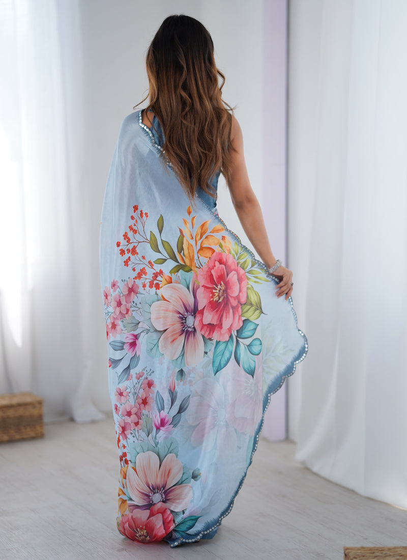 Vegaa Fashion Sky Blue Chinon Silk Print Work With Mirror Work Border Designer Saree - Distacart