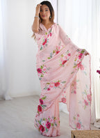 Vegaa Fashion Baby Pink Chinon Silk Print Work With Mirror Work Border Designer Saree - Distacart