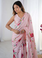 Vegaa Fashion Baby Pink Chinon Silk Print Work With Mirror Work Border Designer Saree - Distacart