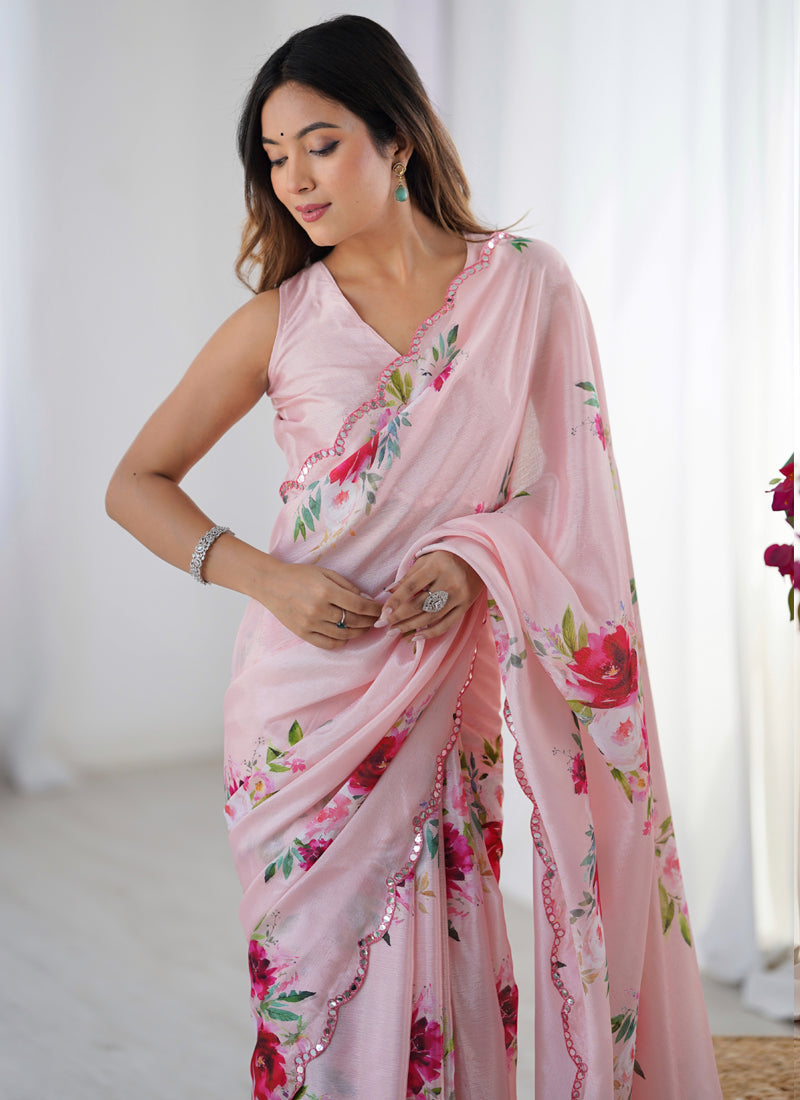 Vegaa Fashion Baby Pink Chinon Silk Print Work With Mirror Work Border Designer Saree - Distacart