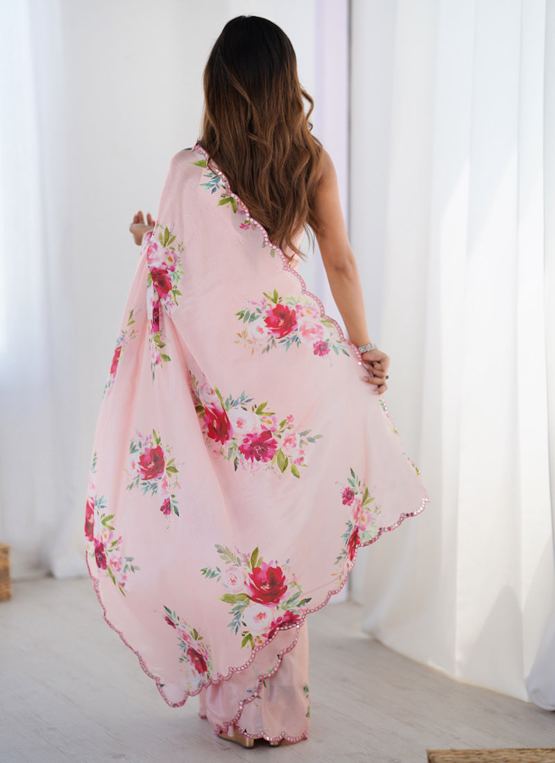 Vegaa Fashion Baby Pink Chinon Silk Print Work With Mirror Work Border Designer Saree - Distacart