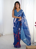Vegaa Fashion Blue Chinon Silk Print Work With Mirror Work Border Designer Saree - Distacart
