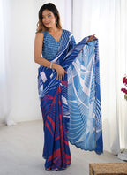 Vegaa Fashion Blue Chinon Silk Print Work With Mirror Work Border Designer Saree - Distacart