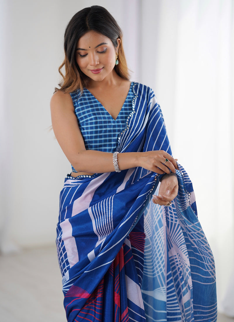 Vegaa Fashion Blue Chinon Silk Print Work With Mirror Work Border Designer Saree - Distacart
