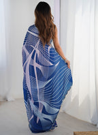 Vegaa Fashion Blue Chinon Silk Print Work With Mirror Work Border Designer Saree - Distacart