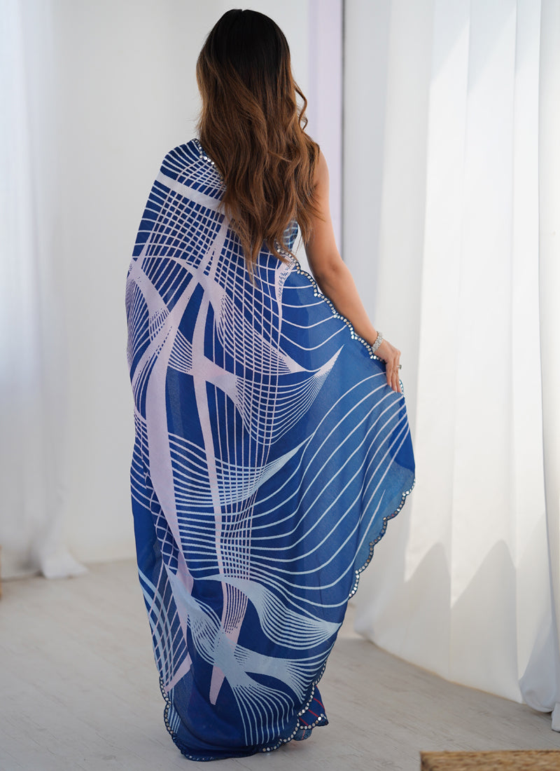 Vegaa Fashion Blue Chinon Silk Print Work With Mirror Work Border Designer Saree - Distacart