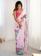 Vegaa Fashion Baby Pink Chinon Silk Print Work With Mirror Work Border Designer Saree - Distacart