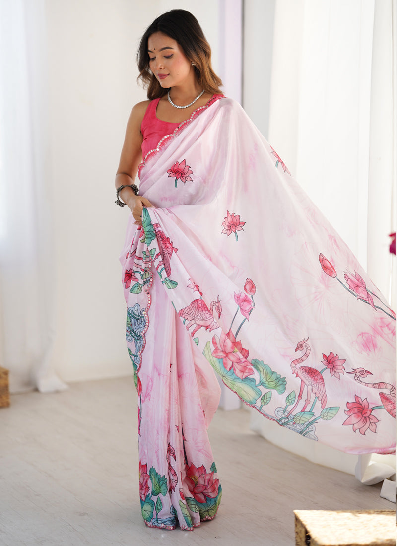 Vegaa Fashion Baby Pink Chinon Silk Print Work With Mirror Work Border Designer Saree - Distacart