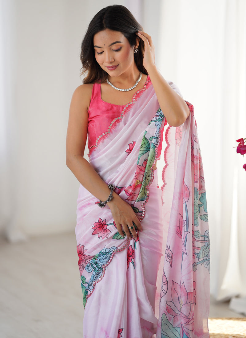 Vegaa Fashion Baby Pink Chinon Silk Print Work With Mirror Work Border Designer Saree - Distacart