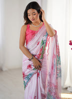 Vegaa Fashion Baby Pink Chinon Silk Print Work With Mirror Work Border Designer Saree - Distacart