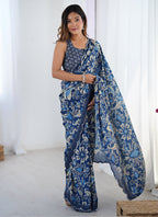 Vegaa Fashion Blue Chinon Silk Print Work With Mirror Work Border Designer Saree - Distacart