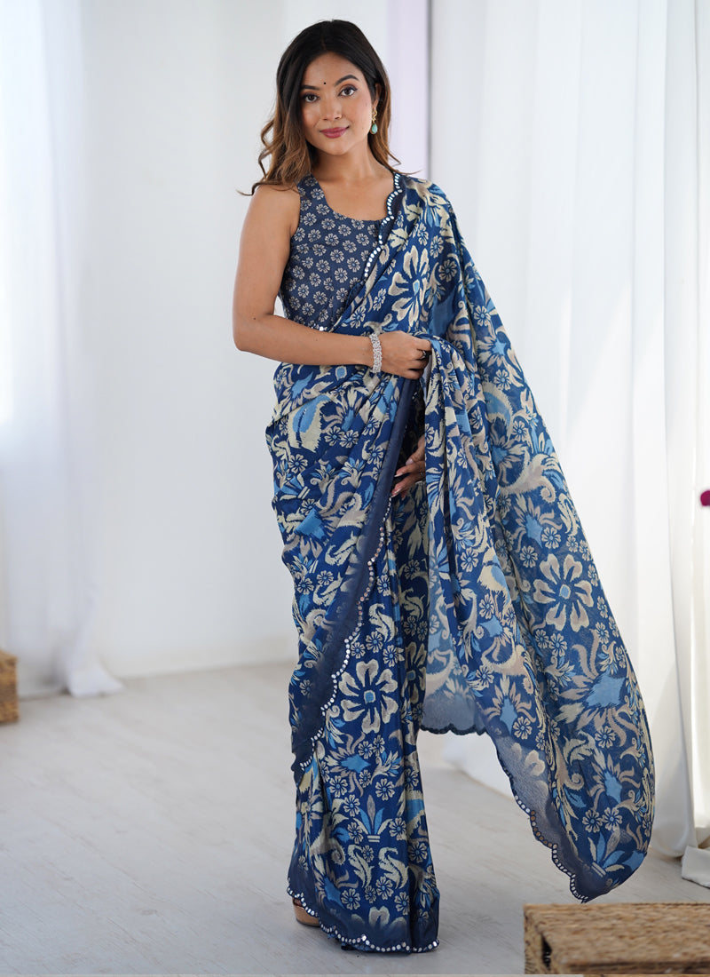Vegaa Fashion Blue Chinon Silk Print Work With Mirror Work Border Designer Saree - Distacart
