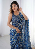 Vegaa Fashion Blue Chinon Silk Print Work With Mirror Work Border Designer Saree - Distacart