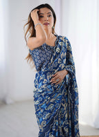 Vegaa Fashion Blue Chinon Silk Print Work With Mirror Work Border Designer Saree - Distacart