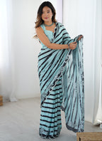 Vegaa Fashion Sky Blue Chinon Silk Print Work With Mirror Work Border Designer Saree - Distacart
