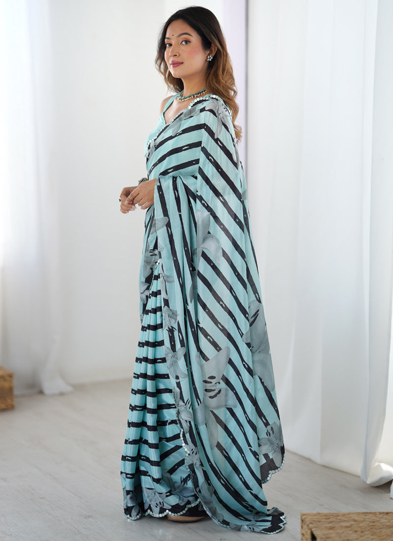 Vegaa Fashion Sky Blue Chinon Silk Print Work With Mirror Work Border Designer Saree - Distacart