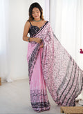 Vegaa Fashion Baby Pink Chinon Silk Print Work With Mirror Work Border Designer Saree - Distacart