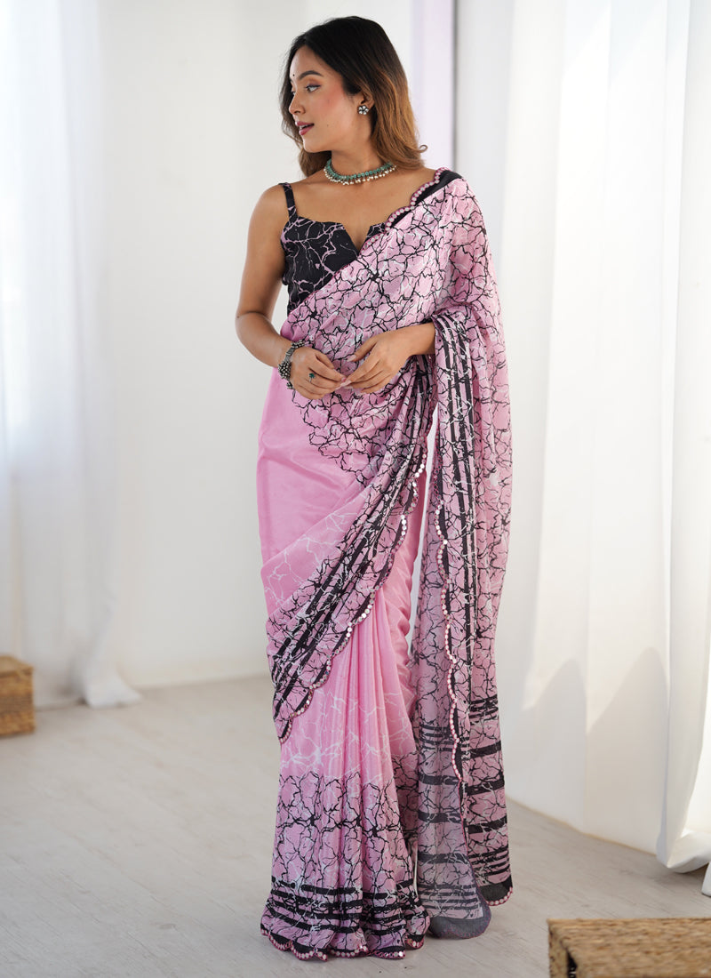 Vegaa Fashion Baby Pink Chinon Silk Print Work With Mirror Work Border Designer Saree - Distacart