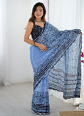 Vegaa Fashion Blue Chinon Silk Print Work With Mirror Work Border Designer Saree - Distacart