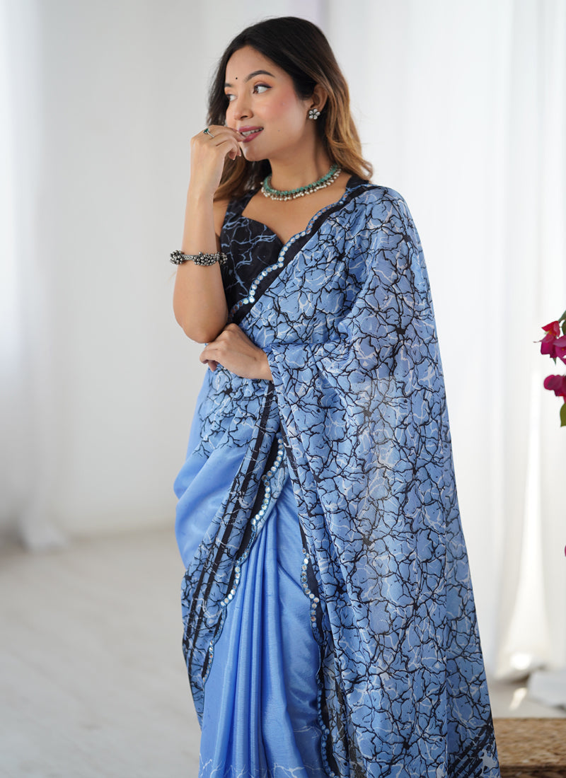 Vegaa Fashion Blue Chinon Silk Print Work With Mirror Work Border Designer Saree - Distacart