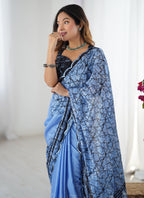 Vegaa Fashion Blue Chinon Silk Print Work With Mirror Work Border Designer Saree - Distacart