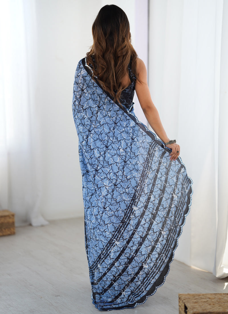 Vegaa Fashion Blue Chinon Silk Print Work With Mirror Work Border Designer Saree - Distacart