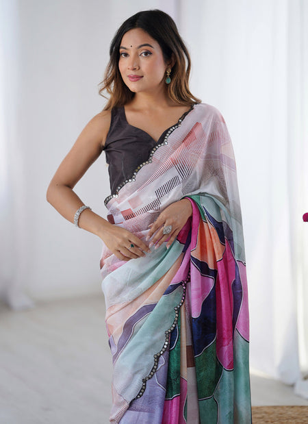 Vegaa Fashion Multi Color Chinon Silk Print Work With Mirror Work Border Designer Saree