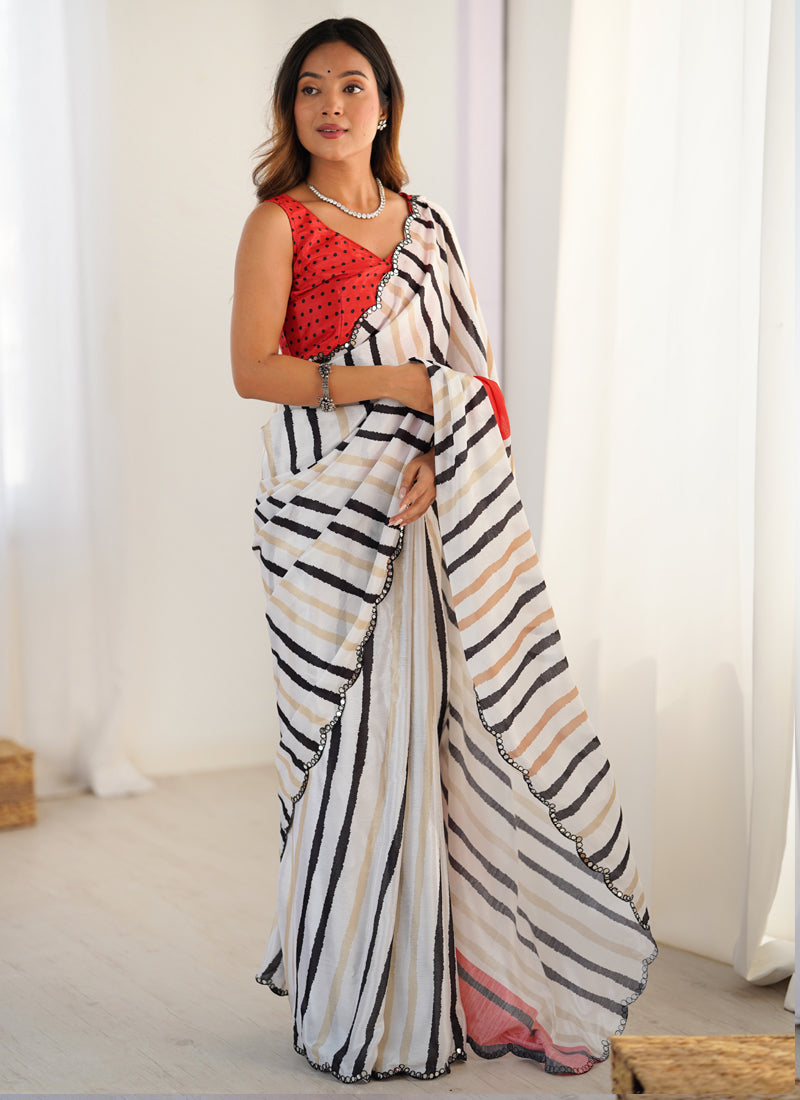 Vegaa Fashion Off White Chinon Silk Print Work With Mirror Work Border Designer Saree - Distacart