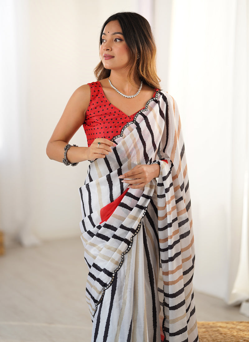 Vegaa Fashion Off White Chinon Silk Print Work With Mirror Work Border Designer Saree - Distacart