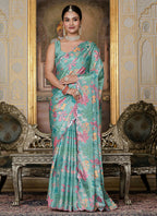 Vegaa Fashion Sky Blue Chinon Silk Floral Printed With Mirror Cut Border Ready To Wear Saree - Distacart
