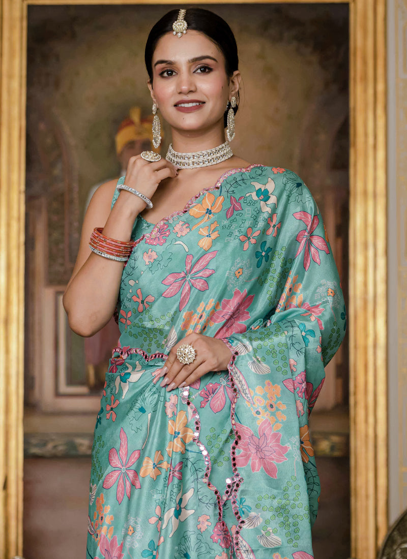 Vegaa Fashion Sky Blue Chinon Silk Floral Printed With Mirror Cut Border Ready To Wear Saree - Distacart