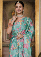 Vegaa Fashion Sky Blue Chinon Silk Floral Printed With Mirror Cut Border Ready To Wear Saree - Distacart