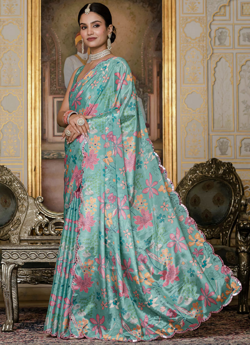 Vegaa Fashion Sky Blue Chinon Silk Floral Printed With Mirror Cut Border Ready To Wear Saree - Distacart