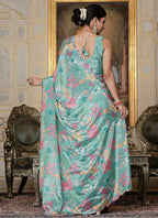 Vegaa Fashion Sky Blue Chinon Silk Floral Printed With Mirror Cut Border Ready To Wear Saree - Distacart