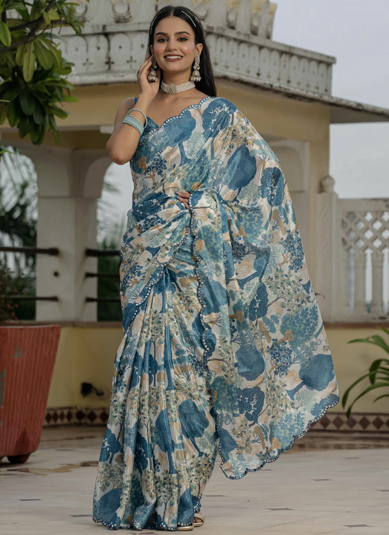 Vegaa Fashion Grey Chinon Silk Floral Printed With Mirror Cut Border Ready To Wear Saree - Distacart