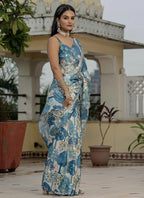 Vegaa Fashion Grey Chinon Silk Floral Printed With Mirror Cut Border Ready To Wear Saree - Distacart