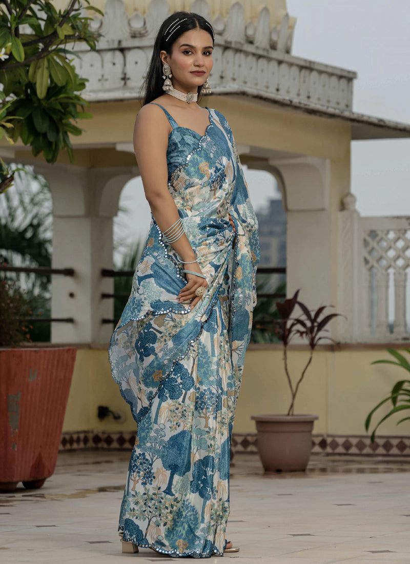 Vegaa Fashion Grey Chinon Silk Floral Printed With Mirror Cut Border Ready To Wear Saree - Distacart