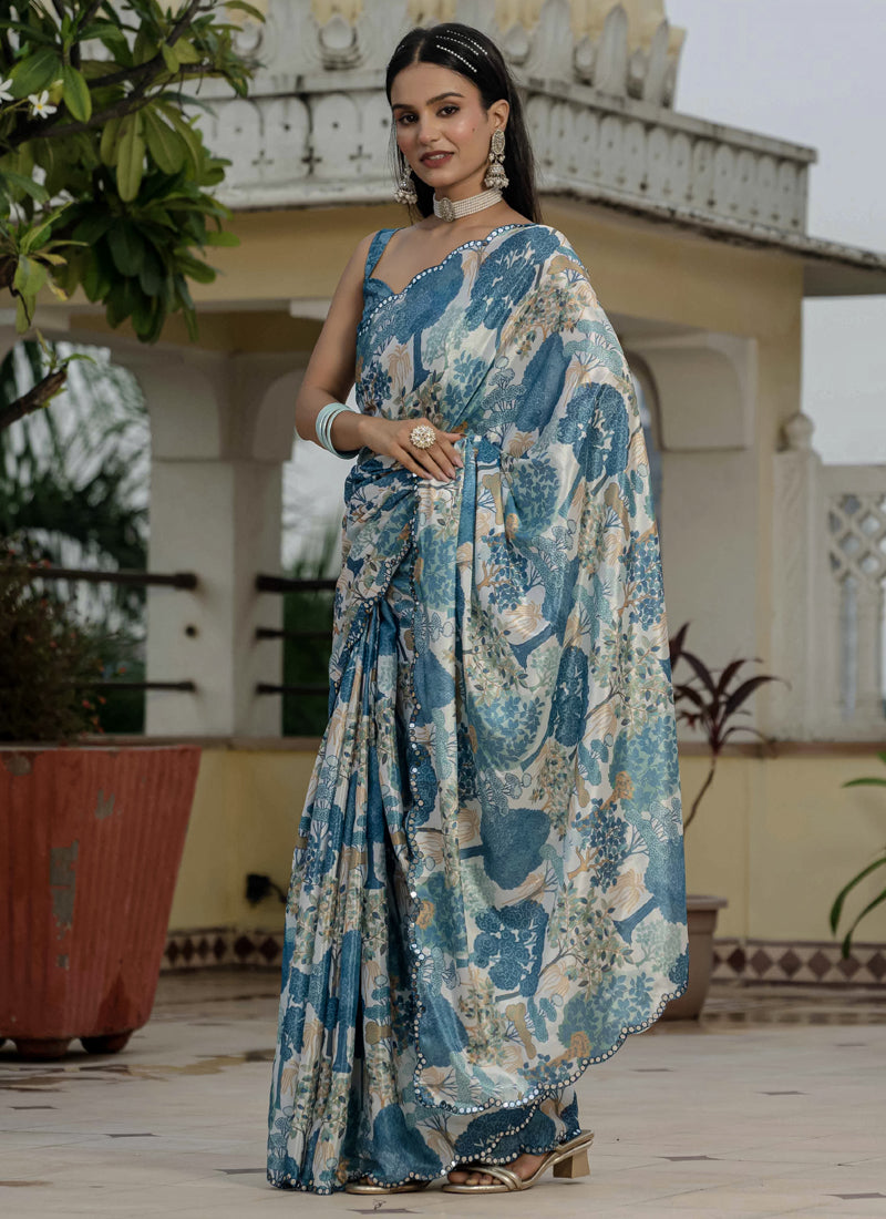 Vegaa Fashion Grey Chinon Silk Floral Printed With Mirror Cut Border Ready To Wear Saree - Distacart